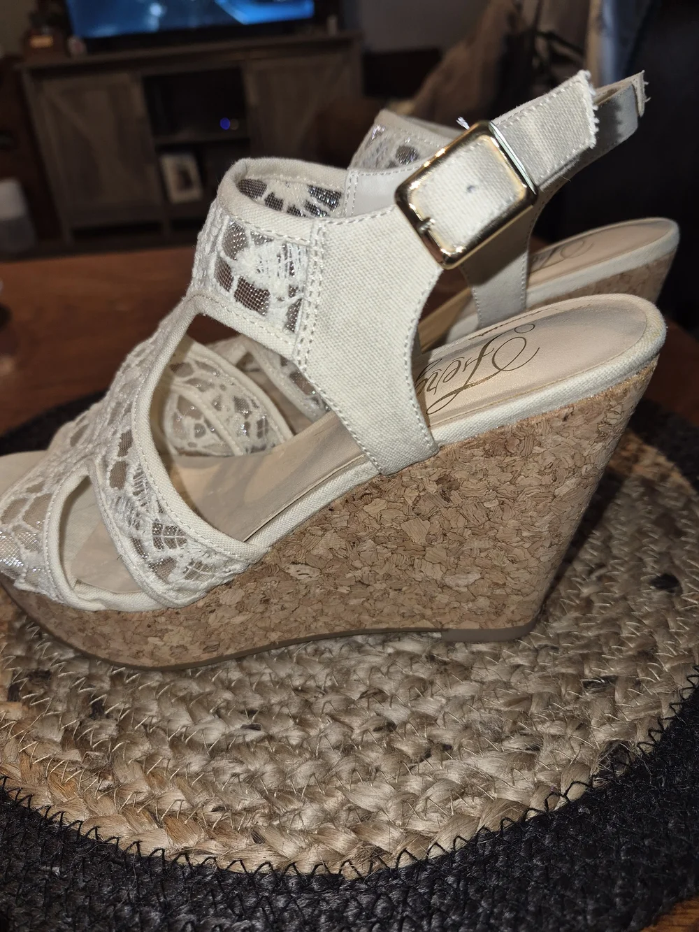 Fergie Cream Lace Cork Wedge Sandals